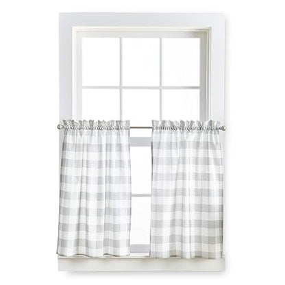 Curtain Works Country - Cortinas rústicas Modernas para Cocina, diseño de búfalo a Cuadros y Cenefa de café, Juego de 3 Piezas, 36 Pulgadas, Color Gris Blanco