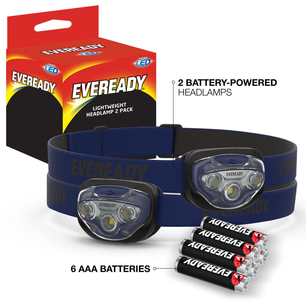 Eveready Faros LED (paquete de 2), luces principales y duraderas para correr, acampar, pescar, emergencia (baterías incluidas), azul marino (paquete de 2), ajustable