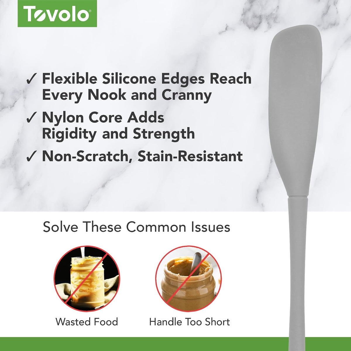 Tovolo Flex-Core Espátula Silicona Para Tarro | Mango Largo Con Cabeza En Ángulo Para Recoger Y Raspar, Resistente Al Calor, Aptas Para Lavaplatos