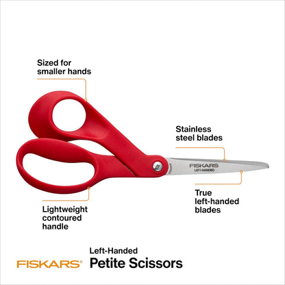 Fiskars - Tijeras pequeñas para zurdos, manualidades y costura de acero inoxidable para manos más pequeñas, mango ergonómico, suministros de papel y tela para oficina, artes y manualidades, color rojo