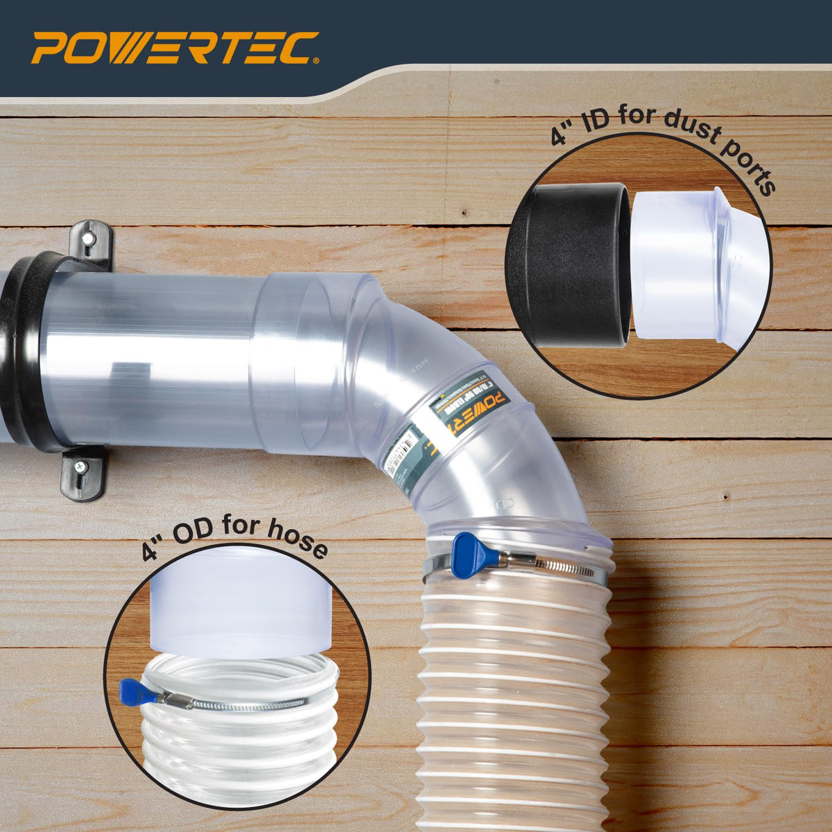 POWERTEC Codo de 90 grados ID/OD de 4 pulgadas para tubos de recogida de polvo de 4 pulgadas, mangueras y accesorios, transparente, 1 paquete