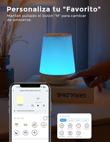 Máquina de sonidos para bebés Momcozy con Luz Nocturna | Entrenador de sueño para niños con 34 sonidos relajantes, temporizador, control por app, rutina de sueño, Blanco