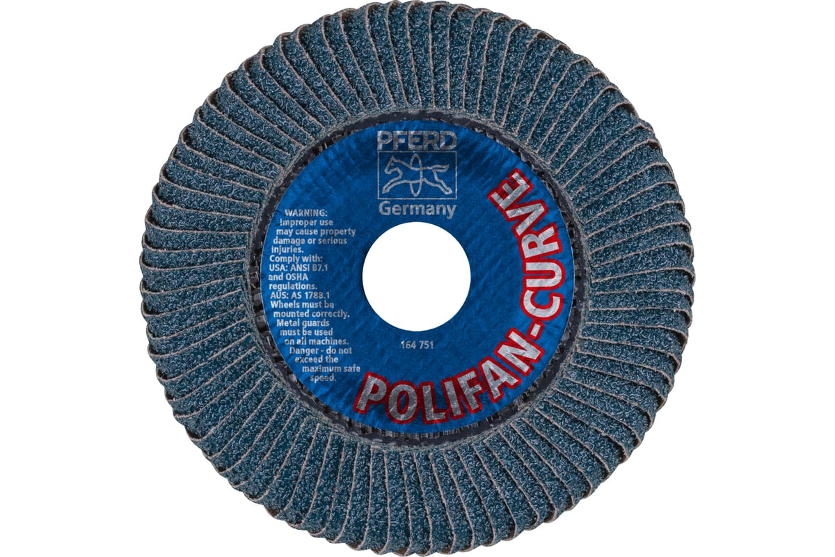 PFERD POLIFAN® - Disco de aleta de tipo radial curva, 4-1/2 x 7/8 pulgadas, circonita de grano 40, accesorio de soldadura y accesorio de amoladora angular - para molienda de acero y acero inoxidable