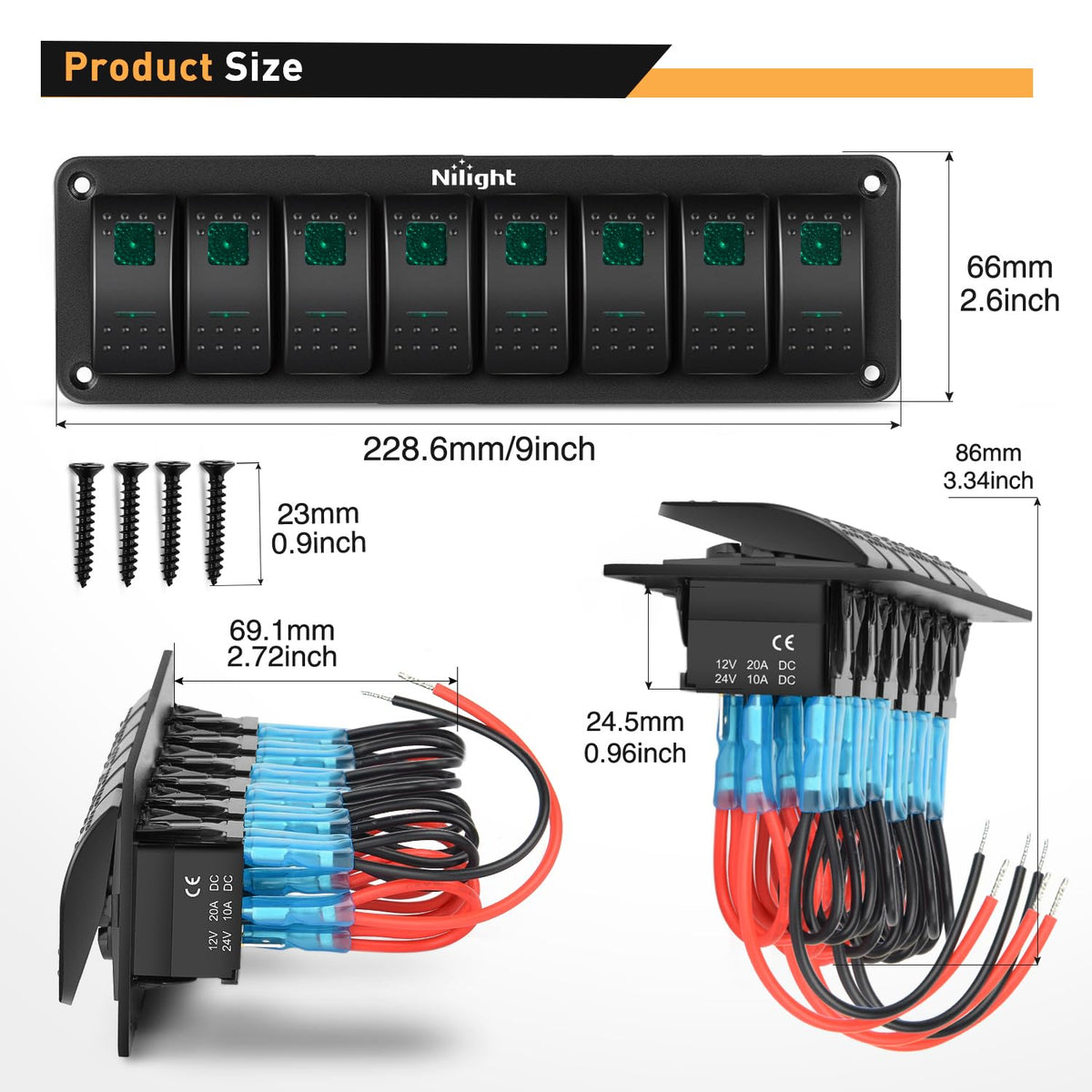 Nilight Panel de interruptor de 8 bandas, interruptor de palanca de 5 pines, soporte de aluminio, 12 V, 24 V, tablero precableado, interruptores retroiluminados verdes para automóviles, barcos marinos, caravanas, camiones, 2 años de garantía