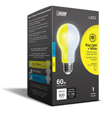 Feit Electric - Luz LED para Exteriores A19, Equivalente a 60 W, Regulable, Base E26, 800 lúmenes, Color Seleccionable, 13 años de Vida, Paquete de 1, OM60/BUG/950/LEDI/RP