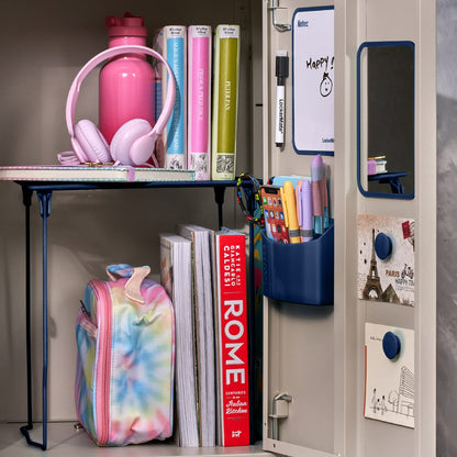 LockerMate Kit Organizador de 7 Piezas, Incluye Estante de casillero, Espejo, Pizarra Blanca, Taza de Almacenamiento y Marcador de borrado en seco, Azul Marino