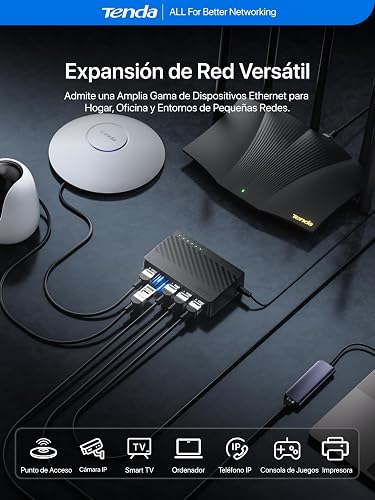 Tenda SG105 Switch Ethernet Gigabit 5 Puertos Splitter Plug & Play | Switch de red no administrable con LED. Silencioso, compacto, montaje en pared/escritorio. Para cable, Router, PC, NAS.