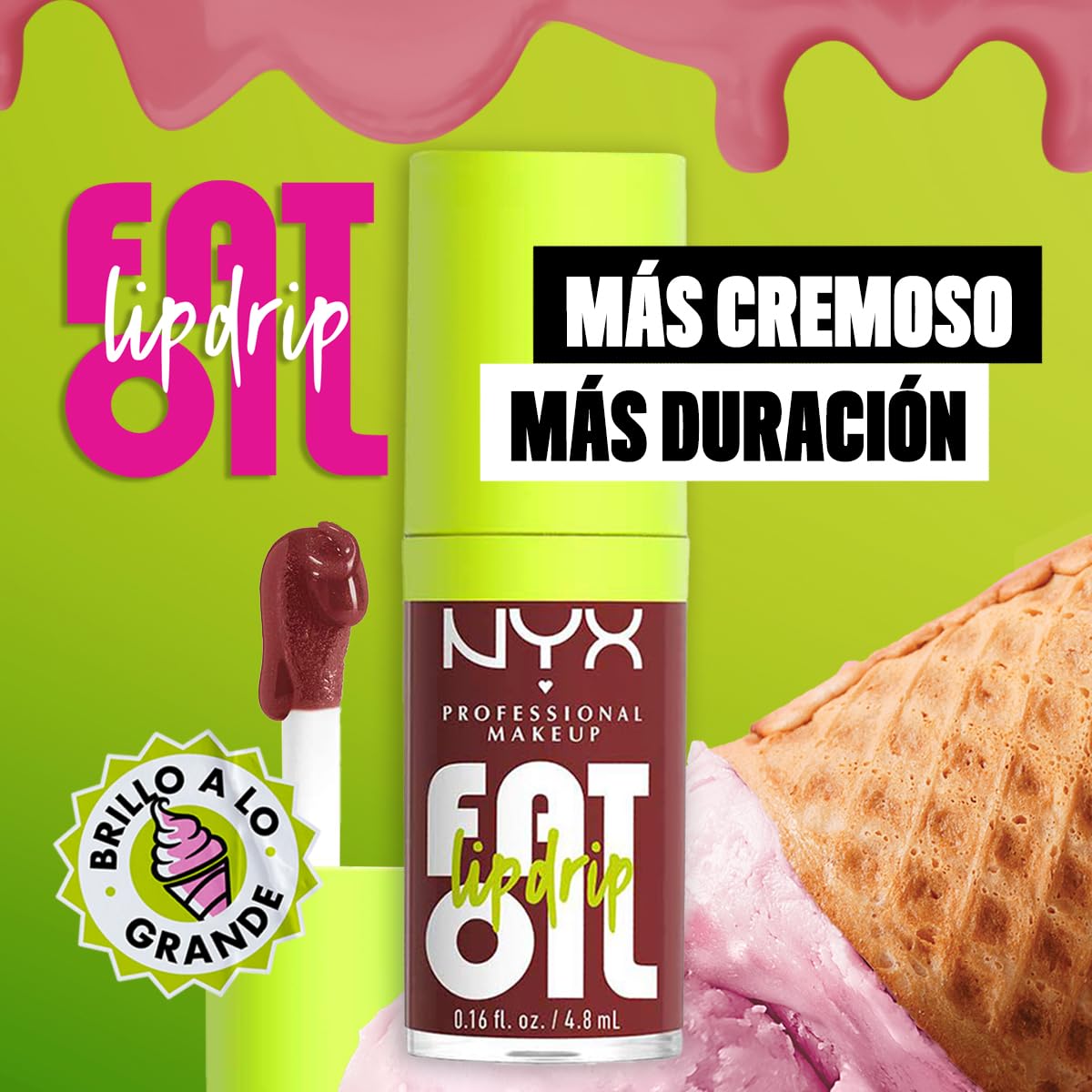 NYX PROFESSIONAL MAKEUP Fat Oil Lip Drip Gloss Tono Sprinkle Sprinkle, 4.8ml - Brillo labial efecto jugoso hasta por 12H, infusionado con aceite de aguacate, mora y frambuesa, sin sensación pegajosa, fórmula vegana