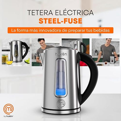 Hukën x MasterChef | Tetera Eléctrica STEEL-FUSE 1.7L | Hervidor de Agua con Infusor de Té Removible | Acero Inoxidable | Apagado Automático | Base 360° | Luz LED | Ventana de Agua