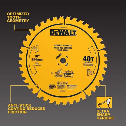 DEWALT - Hoja de sierra de mesa, 10 pulgadas, 40 dientes, con acabado fino, carburo ultra afilado (DWA11040)