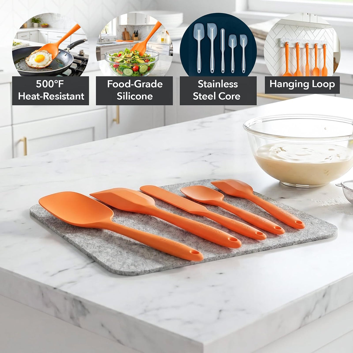 OVENTE Juego de utensilios de cocina de silicona – Espátulas de goma de grado alimenticio de silicona resistente al calor con núcleo de acero inoxidable y diseño sin costuras, espátula de goma antiad
