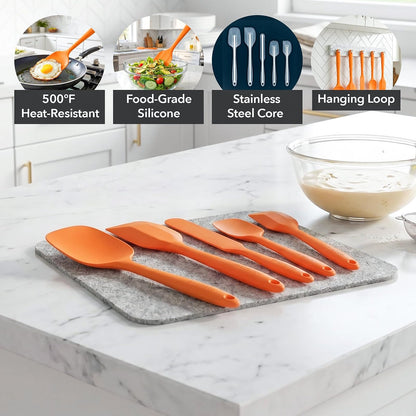 OVENTE Juego de utensilios de cocina de silicona – Espátulas de goma de grado alimenticio de silicona resistente al calor con núcleo de acero inoxidable y diseño sin costuras, espátula de goma antiad