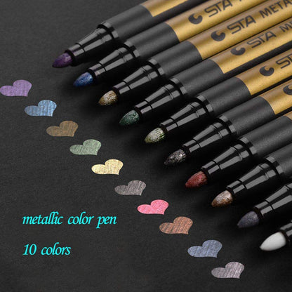 Juego de plumones de pintura acrílica de alta calidad, 10 colores metálicos para pintura de roca, tarjetas de bricolaje, arte de piedras, álbumes de recortes, tela, metal, cerámica, copa de vino