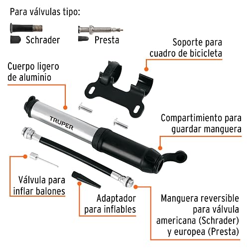 Truper BOM-MI-X, Mini Bomba Manual para Bicicleta, abatible, 30 PSI