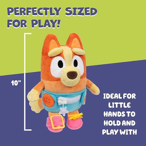 Dress & Play Baby Bingo Bluey Felpa, botón, Cierre, Hebilla y Corbata, Aprender a Vestir muñecas para niños pequeños a Partir de 3 años, Juguete de Cierre para bebé