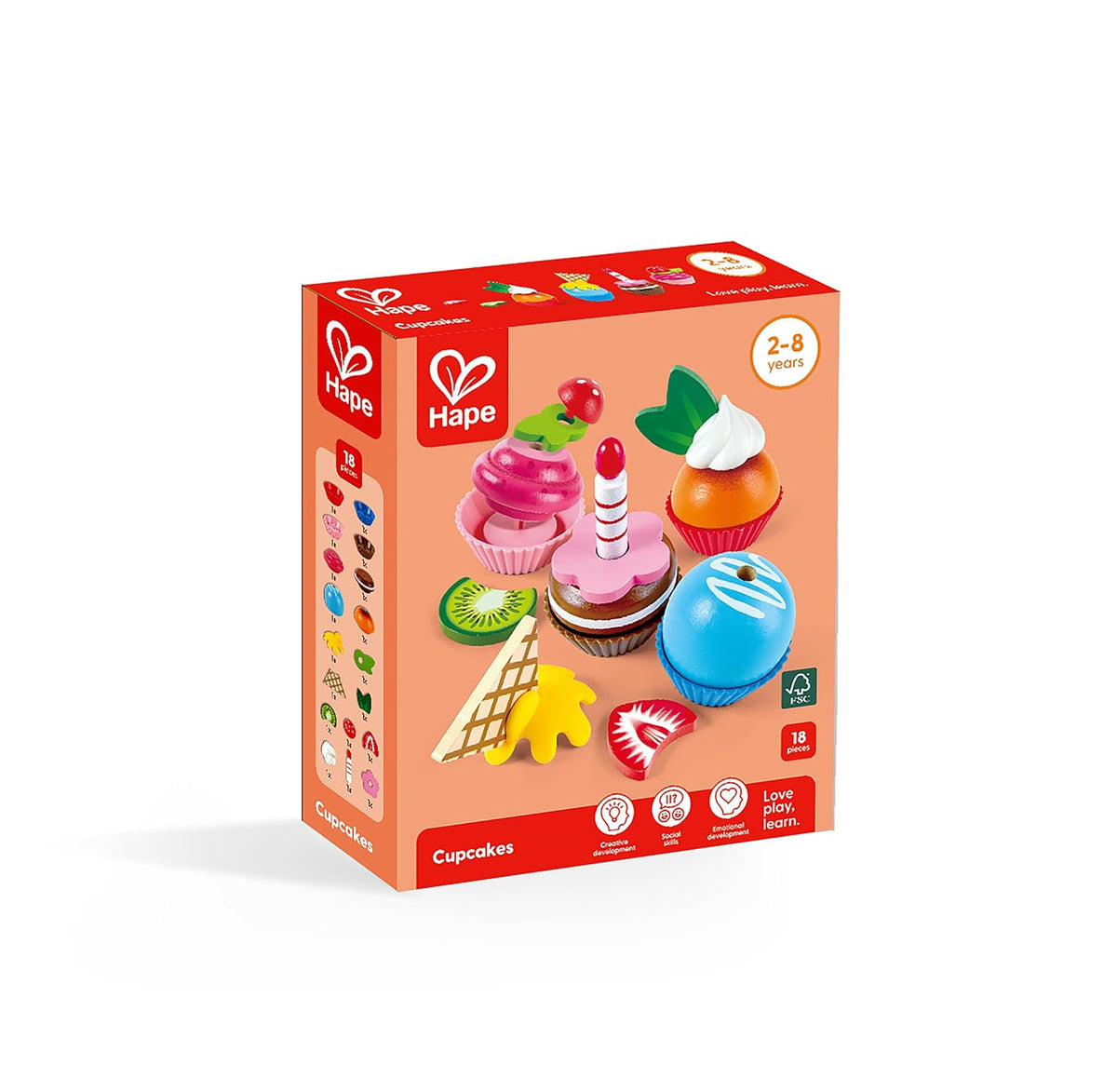 Hape , Set de Juegos para Cupcakes de Madera: Juego Creativo de Repostería y Cocina para Niños, Incluye Aderezos y Decoraciones Divertidas. De 2 a 8 años. E3157