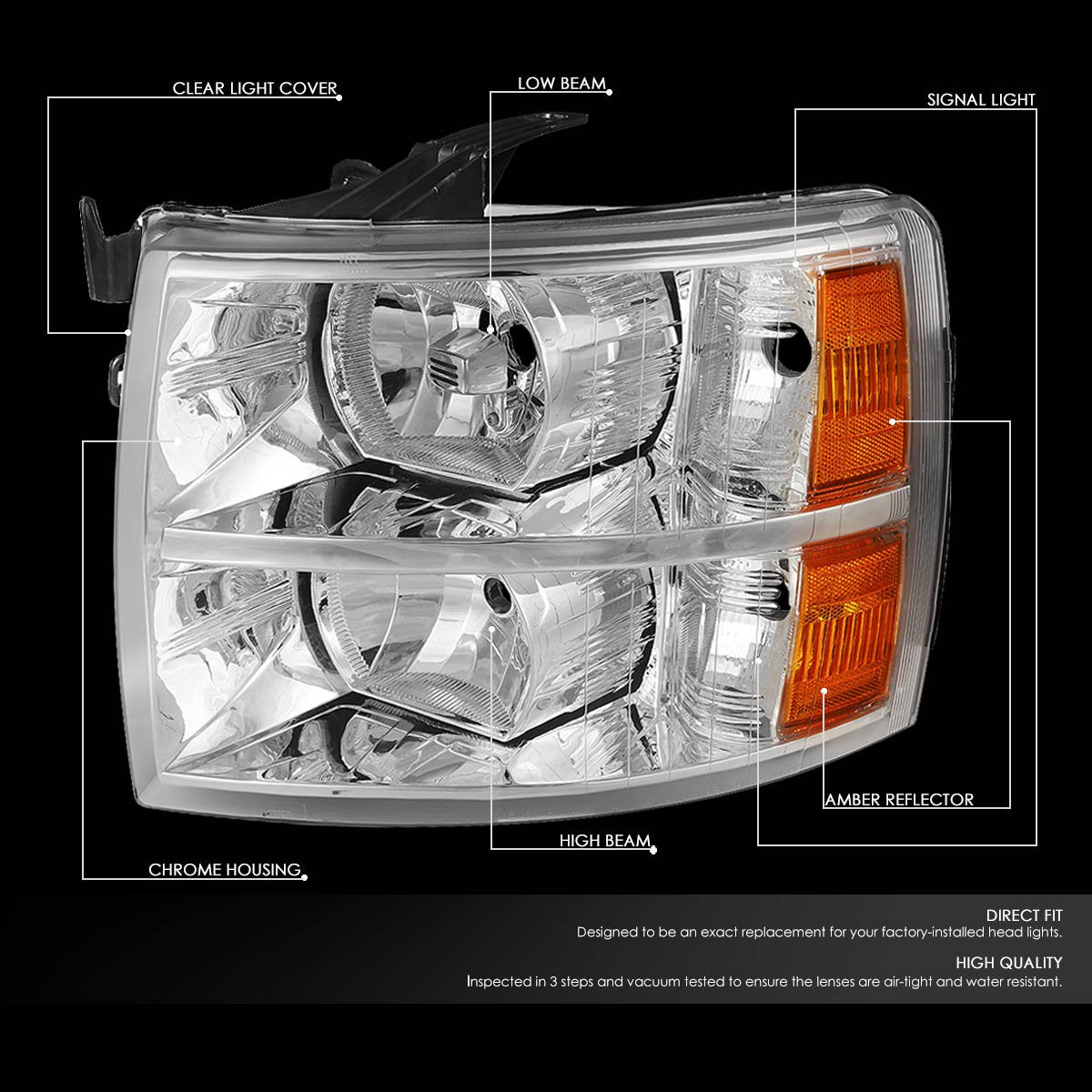 DNA Motoring Par de Faros Delanteros Cromados/Ámbar, HL-OH-CSIL07-CH-AM [compatible con Silverado 1500 07-14/2500 HD 3500]