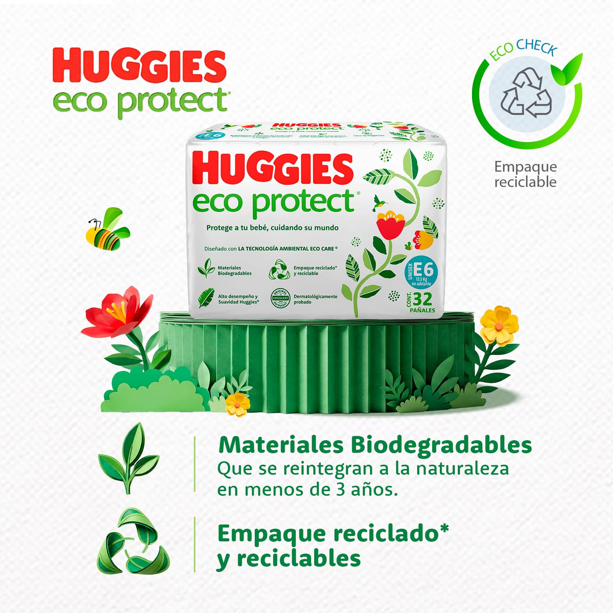 Huggies Eco Protect Pañal Desechable para bebé, Unisex, Etapa 6, Caja con 192 Pañales Desechables, Ideal para Bebés de más de 13.5 kilogramos