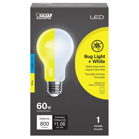 Feit Electric - Luz LED para Exteriores A19, Equivalente a 60 W, Regulable, Base E26, 800 lúmenes, Color Seleccionable, 13 años de Vida, Paquete de 1, OM60/BUG/950/LEDI/RP