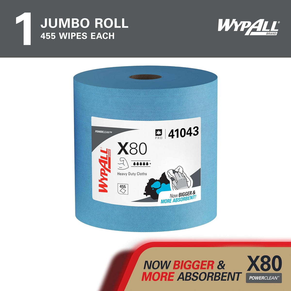WypAll Power Clean X80 Paños Resistentes 41043 | Azul, 475 hojas/rollo, 1 rollo/estuche, 12.4 x 12.2 pulgadas