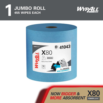 WypAll Power Clean X80 Paños Resistentes 41043 | Azul, 475 hojas/rollo, 1 rollo/estuche, 12.4 x 12.2 pulgadas