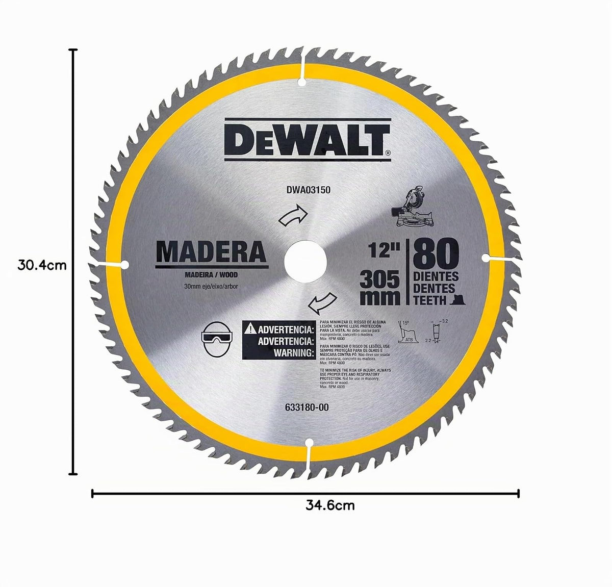 DEWALT Disco Sierra Circular 12 pul 305 mm 80 Dientes Carburo Para Madera MDF y Contrachapado DWA03150