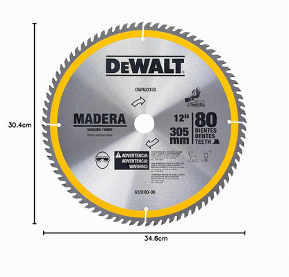 DEWALT Disco Sierra Circular 12 pul 305 mm 80 Dientes Carburo Para Madera MDF y Contrachapado DWA03150