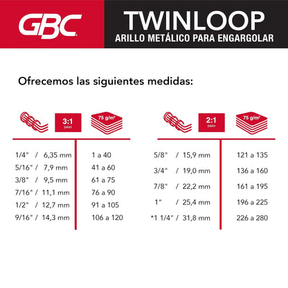 GBC Arillo Metálico Twin Loop 3:1-5/16" para Engargolar, Color Negro, Paquete con 100 Piezas. P7241