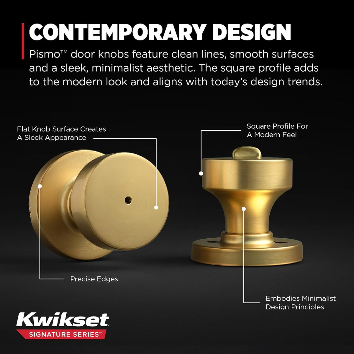 Kwikset Pismo - perilla de puerta de privacidad interior con cerradura, manija de puerta para baño y recámara, latón satinado, redondo, sin llave, protección Microban