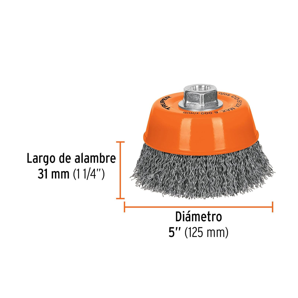 Truper CO-512X, Carda de copa, alambre ondulado grueso, 5x5/8" para esmeril