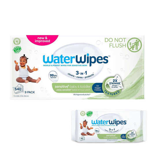 WATERWIPES, Toallitas Húmedas Texturizadas para Niños en Desarrollo, Limpieza, Hipoalergénicas, 9 Paquetes Incluidos