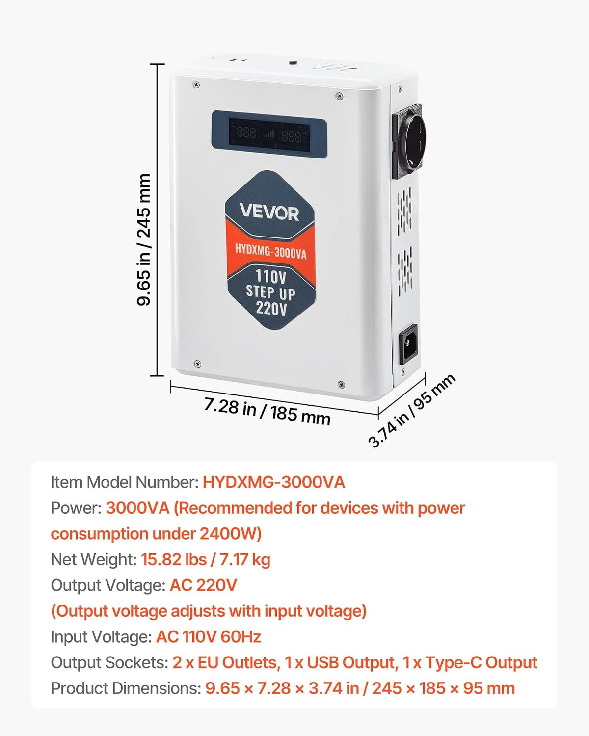 VEVOR Convertidor Elevador de Voltaje 3000 VA, Transformador de Potencia 110 V a 220 V de Alta Resistencia con 2 Tomas de Corriente de la UE, Salida USB, Pantalla LCD, Protección de Temperatura