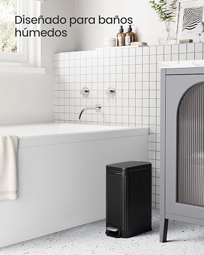SONGMICS Cubo de Basura para Baño, 6 L, con Tapa, Acero Inoxidable | Basurero Delgado para Espacios Pequeños, Negro, Colección PATIA MLTB563B02