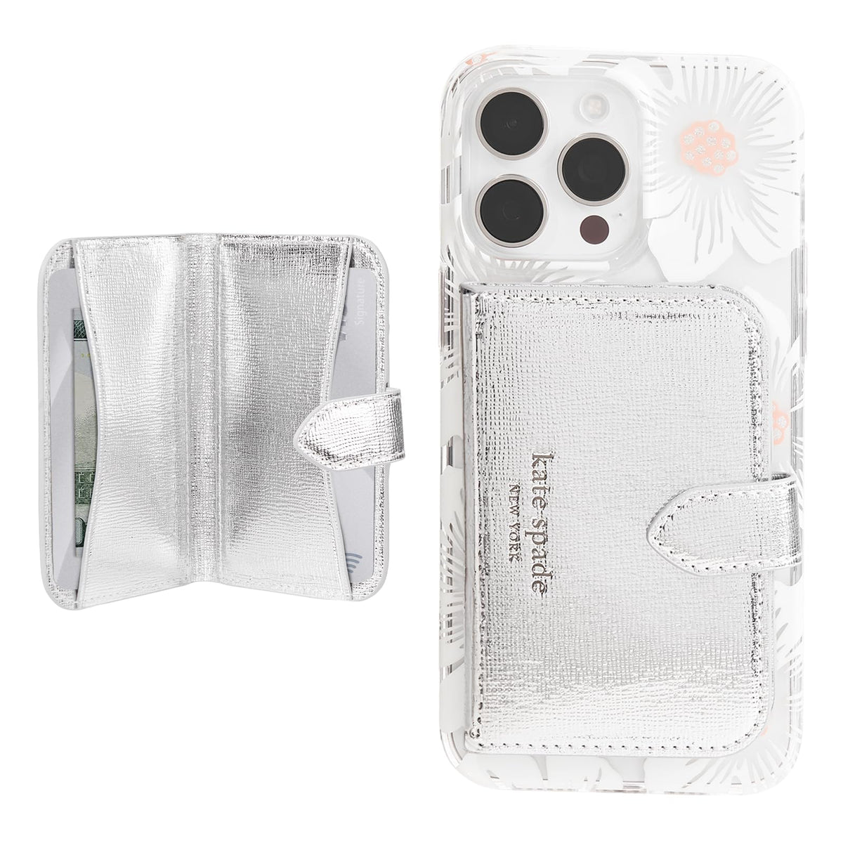 Kate Spade New York Morgan, portafolios magnética para teléfono/Tarjetero – Compatible con teléfonos y Fundas MagSafe – Metallic Silver