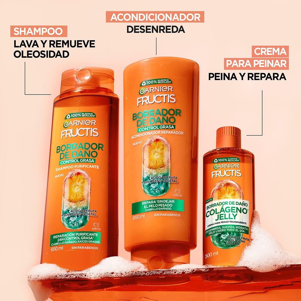 Kit Garnier Fructis Borrador de Daño y Control Grasa Rutina completa: Shampoo 650 ml + Acondicionador 650 ml + Crema para Peinar 300 ml, Reparación Purificante para Cabello Dañado con Raíces Grasas