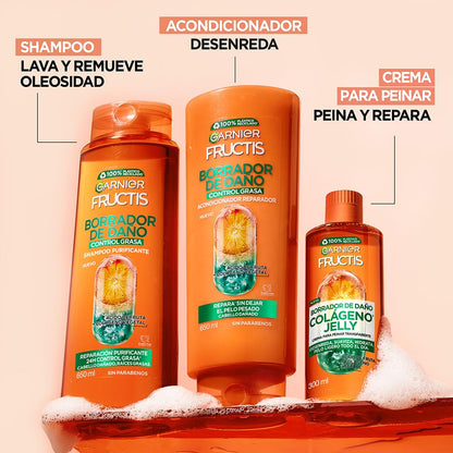 Kit Garnier Fructis Borrador de Daño y Control Grasa Rutina completa: Shampoo 650 ml + Acondicionador 650 ml + Crema para Peinar 300 ml, Reparación Purificante para Cabello Dañado con Raíces Grasas