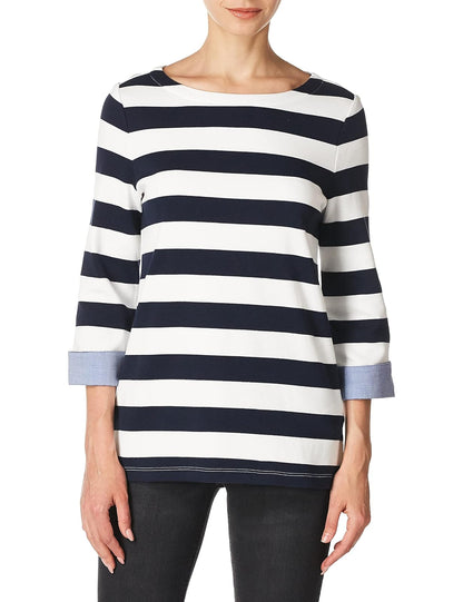 Nautica Playera de Manga 3/4 con Cuello de Barco de Rayas y sólidos, 100% algodón Camisa para Mujer