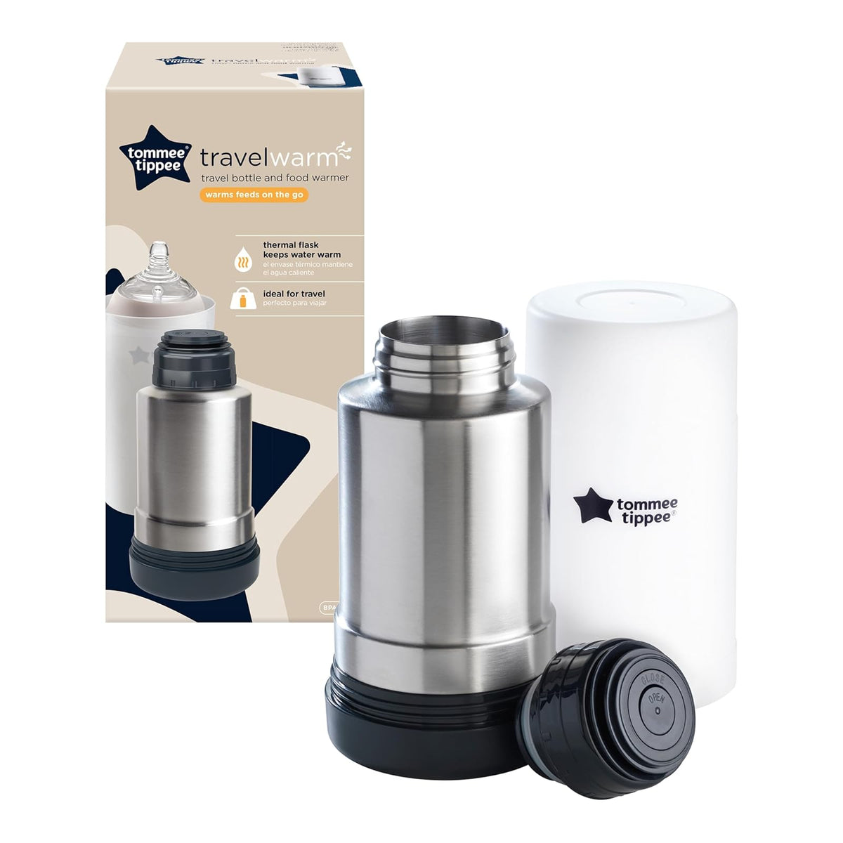 Tommee Tippee Calentador de Biberones de Viaje, Portátil, Térmico | Termo de Acero Inoxidable con Tapa Antigoteo, Calienta Biberones y Papillas Fuera de Casa, Sin Electricidad