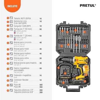 PRETUL ROTI-20P2K, Kit rotomartillo/destornillador 1/2", 20V con 32 accesorios