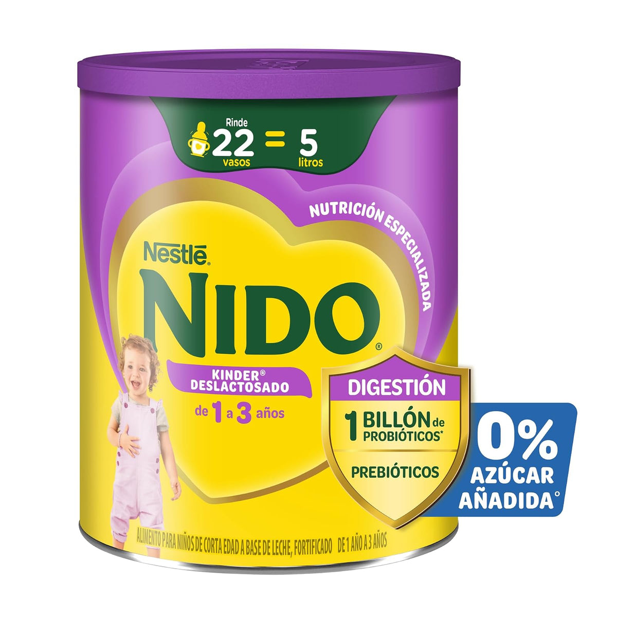 NIDO Kinder 1+ Deslactosado, Alimento Para Niños, De 1 a 3 Años, Lata 800 g