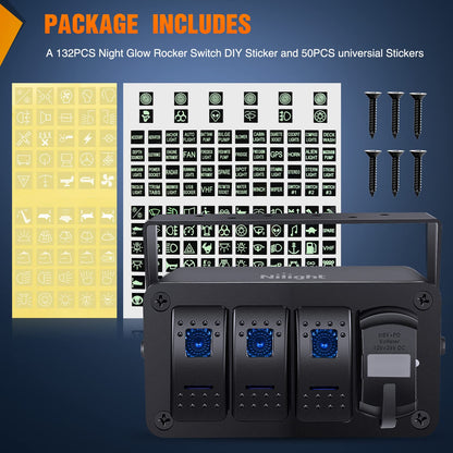 Nilight Caja de 3 Interruptores Basculantes SPST 12 V con USB Tipo C, QC 3.0 y Voltímetro, Impermeable, para Barco y Auto