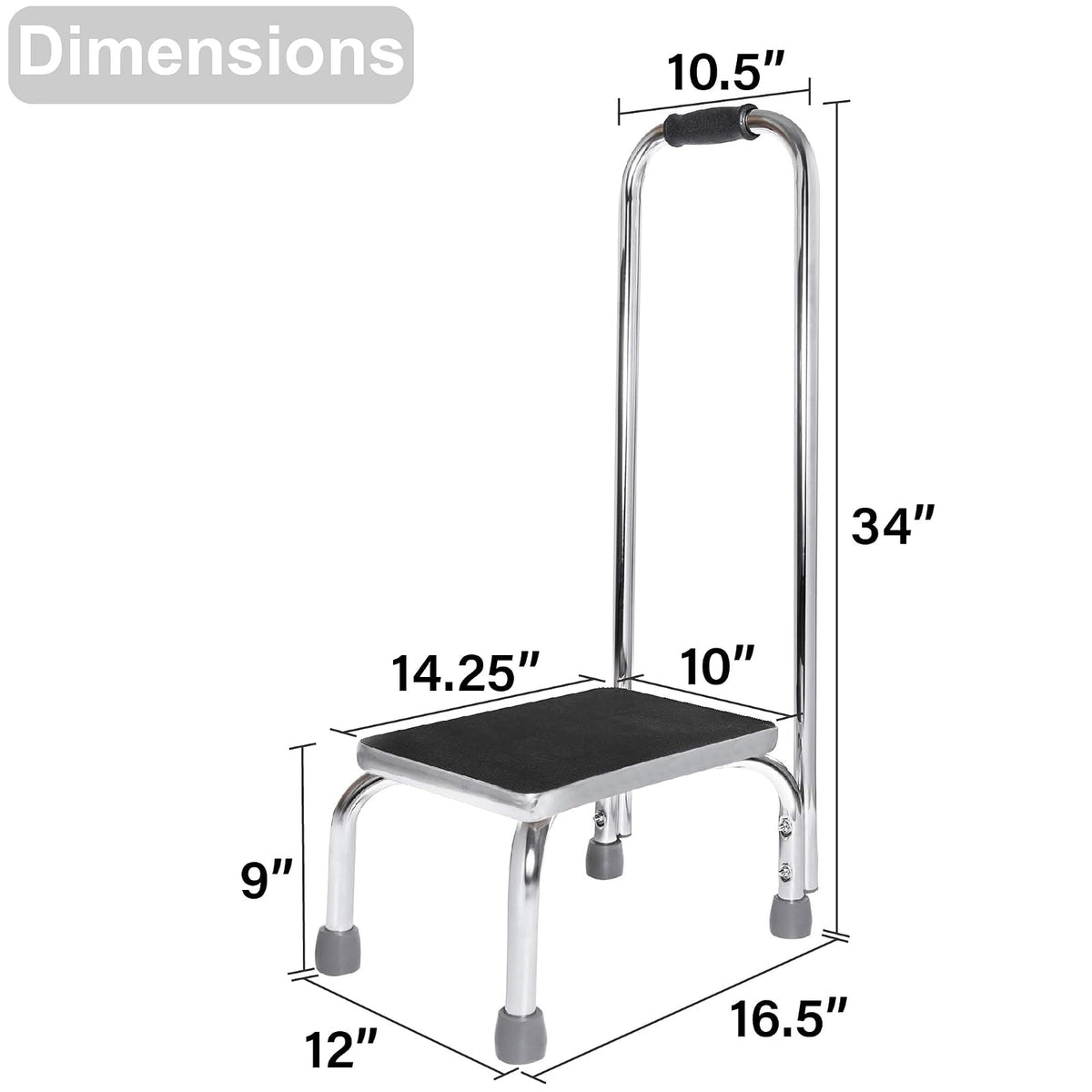 Vaunn Medical Foot Step Stool with Handle and Anti Skid Rubber Platform, Lightweight and Sturdy Chrome Stool for Children, Adults and Seniors