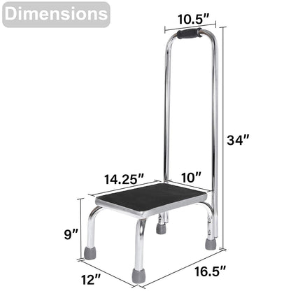 Vaunn Medical Foot Step Stool with Handle and Anti Skid Rubber Platform, Lightweight and Sturdy Chrome Stool for Children, Adults and Seniors