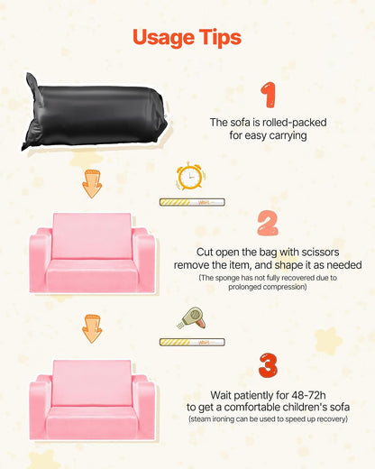 VEVOR Sofá Infantil 2 en 1, Convertible en Tumbona, Sofá Cama Plegable y Suave de Esponja 28D y Pelo Corto con Reposabrazos, Ideal para Jugar o Descansar Cómodamente para Niños, Talla M, Rosa