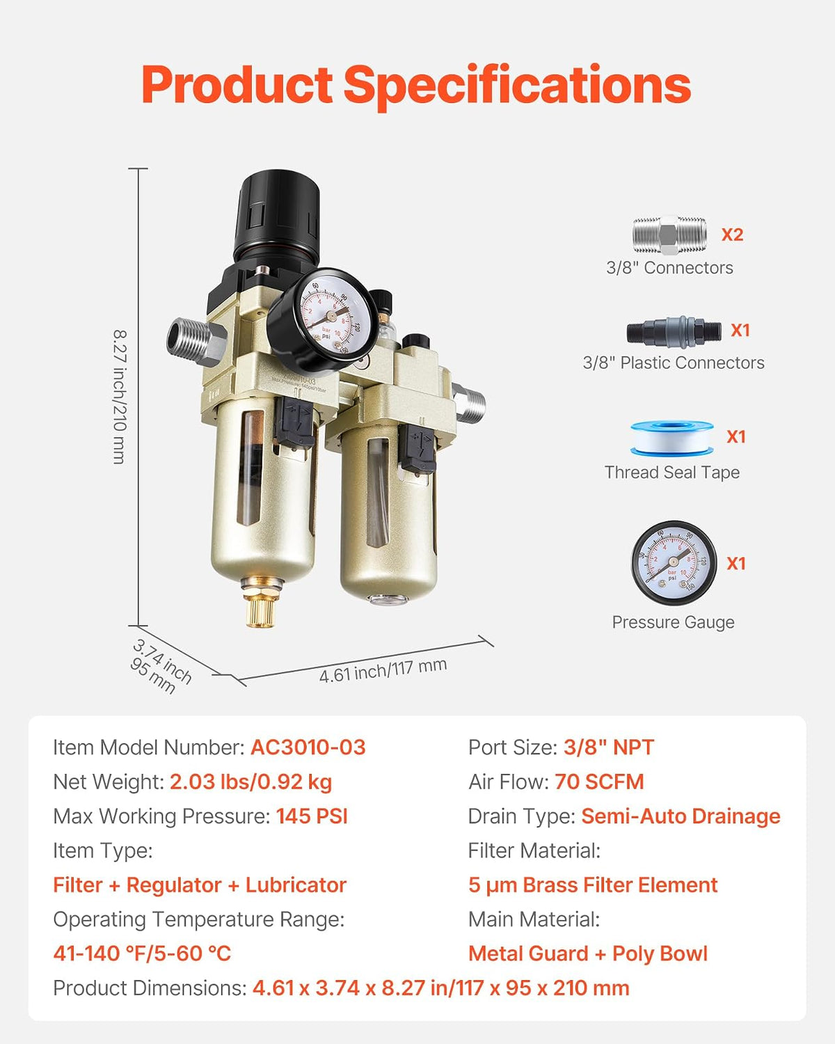 VEVOR Lubricador regulador de filtro para compresor de aire (FRL), separador de agua para compresor de aire de 3/8" NPT, sistema de secado de aire con drenaje semiautomático con elemento filtrante