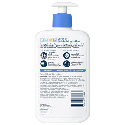 Loción para bebé CeraVe | Cuidado suave de la piel del bebé con ceramidas, niacinamida y vitamina E | Sin fragancias, parabenos, colorantes ni ftalatos | Hidratante ligero para bebés | 16 onzas