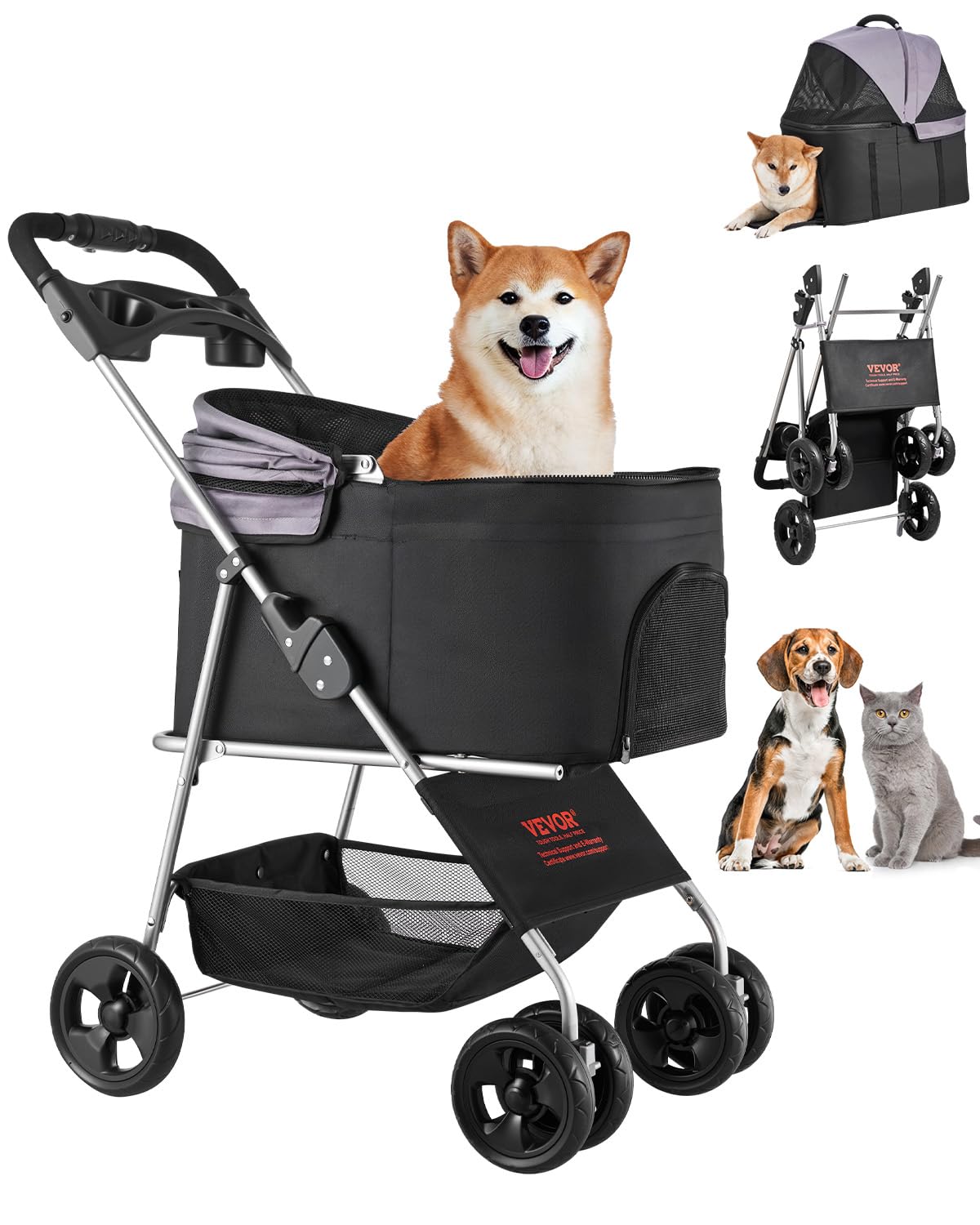 VEVOR Cochecito Plegable para Mascotas con Ventana de Malla - 4 ruedas, para mascotas de hasta 35 libras