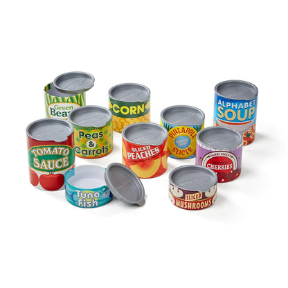 Melissa & Doug ¡Juguemos de Casita! Set de Alimentos Enlatados, Juego de Imitación, Tapas Abatibles, Construcción de Cartón Resistente (10 Latas)