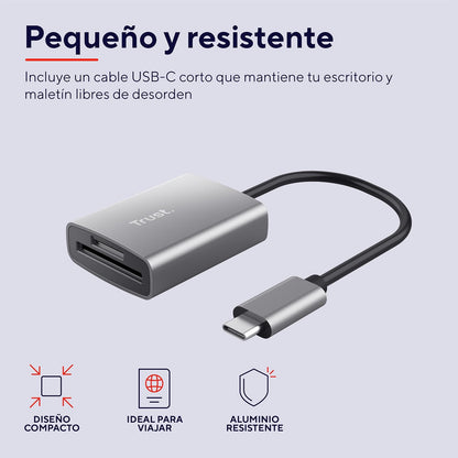 Trust Dalyx Lector de Tarjetas USB-C – Rápido USB 3.2 Gen 1, Compatible con SD/MicroSD/SDHC/SDXC hasta 2 TB, Velocidad 104 MB/s, para PC, MacBook, Laptop y Chromebook