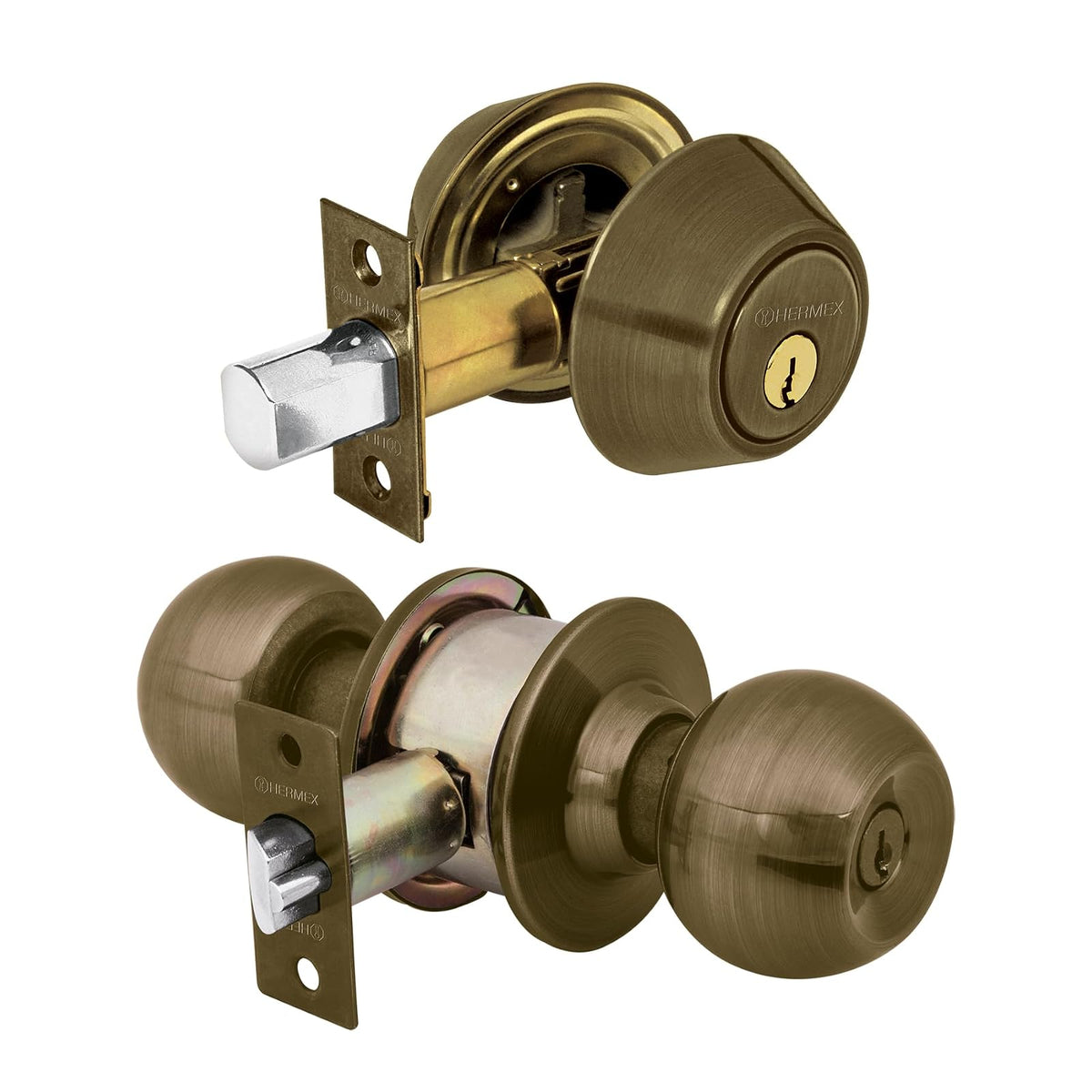 Hermex Combo de Cerraduras para Puerta CMB-62P - Latoón antiguo - Llave-llave